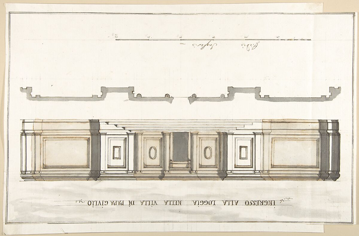 Design for the Entrance of the Loggia of the Villa of Pope Julius, Pietro Paolo Coccetti (Cocchetti) (Italian, documented Rome, 1710–1727), Pen and brown ink, brush and gray wash, over ruling in graphite 