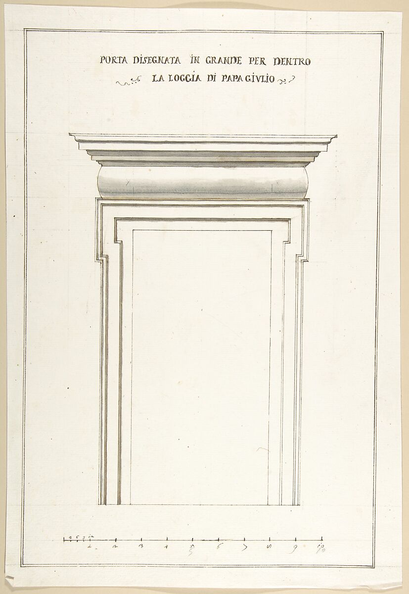 Design Elevation for an Interior Door in the Loggia of Pope Julius [III.], Pietro Paolo Coccetti (Cocchetti) (Italian, documented Rome, 1710–1727), Pen and brown ink, brush and gray wash, over ruling in graphite 