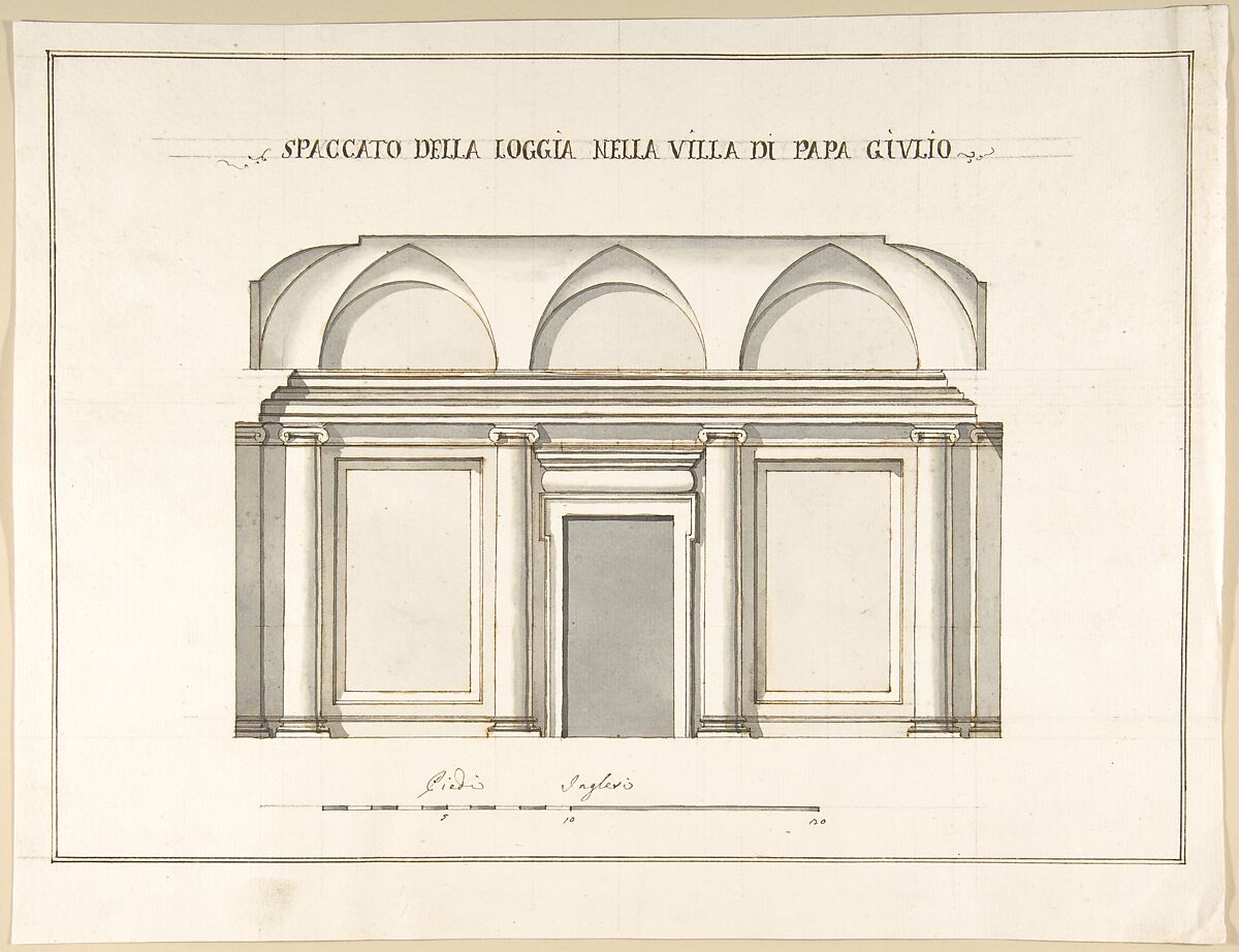 Section of the Loggia in the Villa of Pope Julius [III.], Pietro Paolo Coccetti (Cocchetti) (Italian, documented Rome, 1710–1727), Pen and brown ink, brush and gray wash, over ruling in graphite 