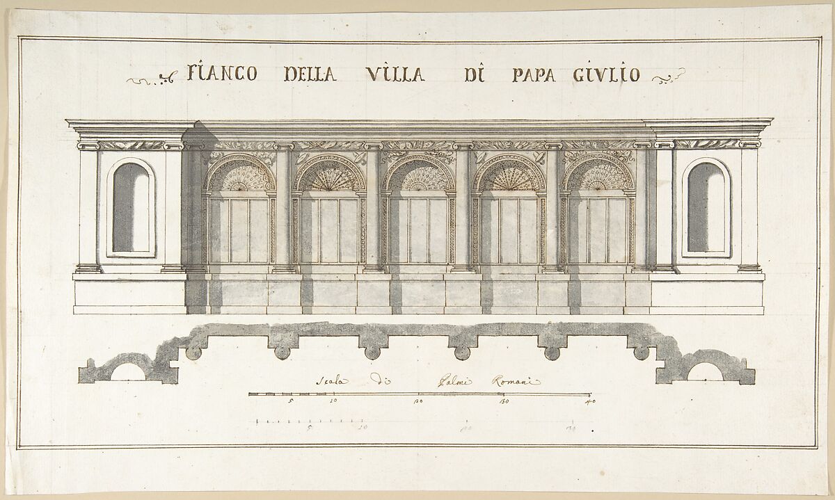 Side Elevation of the Villa of Pope Julius [III.], Pietro Paolo Coccetti (Cocchetti) (Italian, documented Rome, 1710–1727), Pen and brown ink, brush and gray wash, over ruling in graphite 