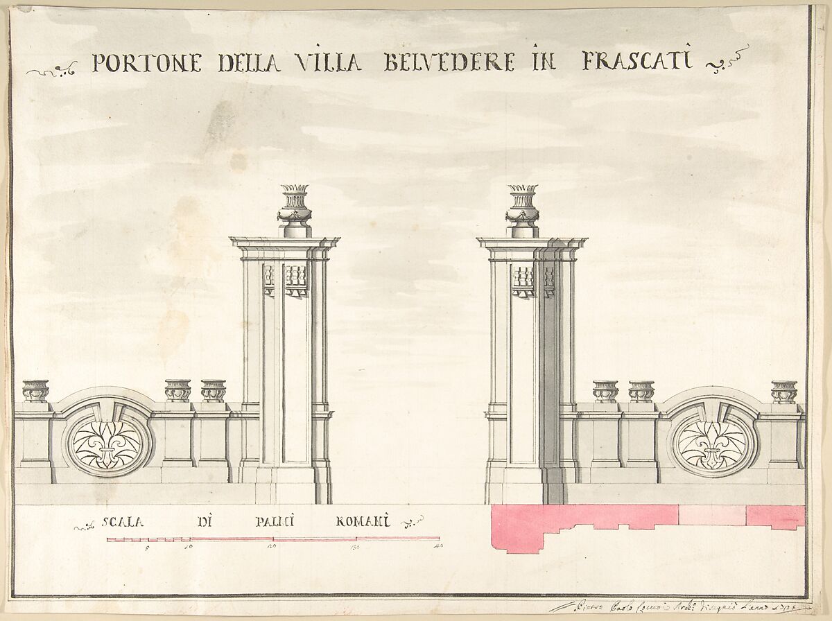 Gate of Villa Belvedere in Frascati, Pietro Paolo Coccetti (Cocchetti) (Italian, documented Rome, 1710–1727), Pen and dark brown ink, brush and gray and pink wash, over ruling in graphite 