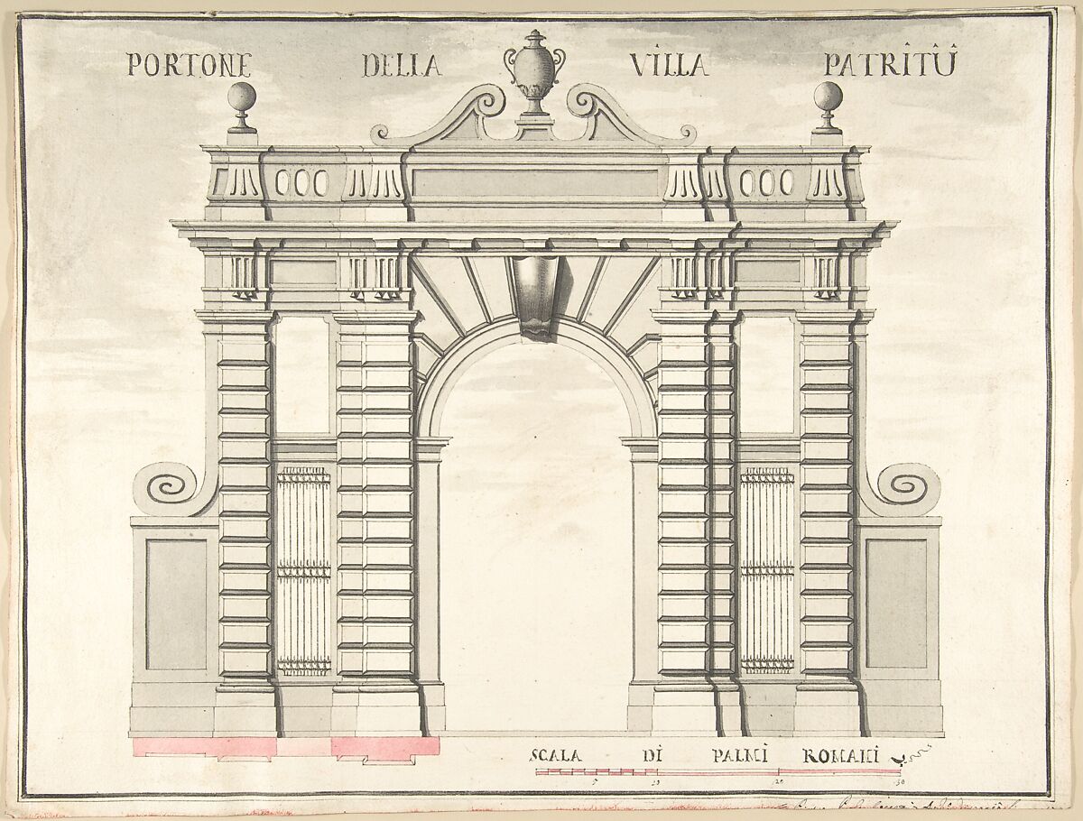 Gate of the Villa Patritii [Patritj], Pietro Paolo Coccetti (Cocchetti) (Italian, documented Rome, 1710–1727), Pen and dark-brown ink, brush and gray wash, over traces of ruling in graphite 