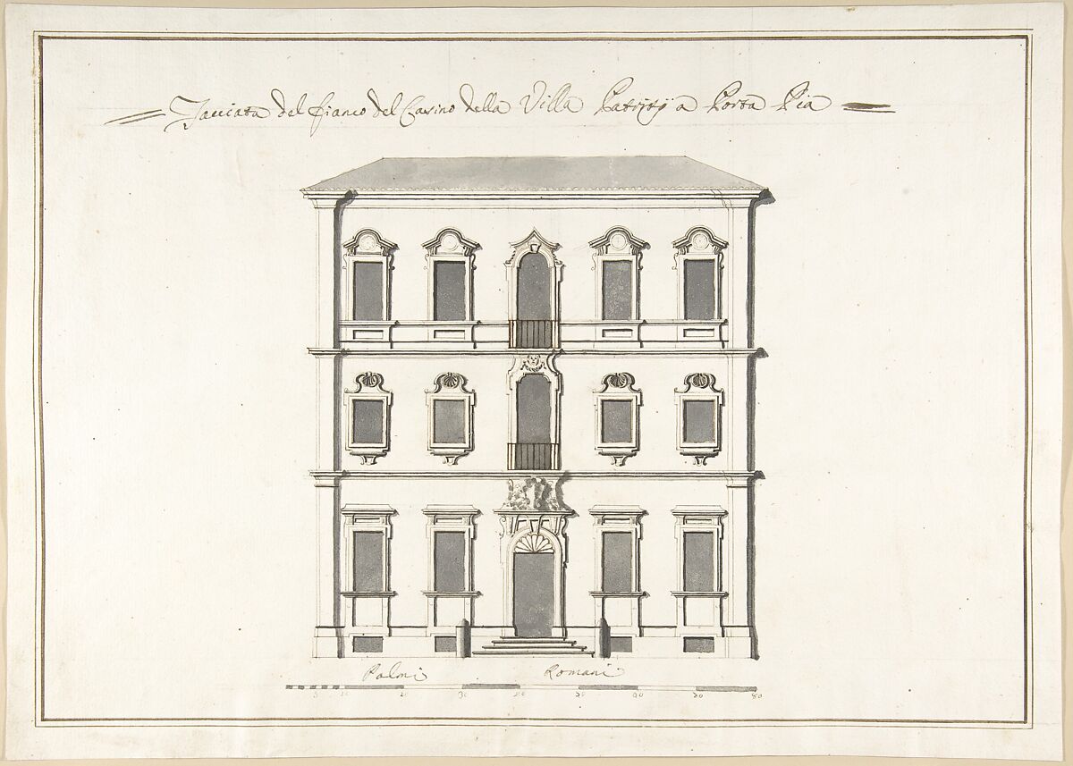 Design of the Side Elevation for the Casino of the Villa Patritj [Patritii] at Porta Pia, Pietro Paolo Coccetti (Cocchetti) (Italian, documented Rome, 1710–1727), Pen and brown ink, brush and gray wash, over ruling in graphite 