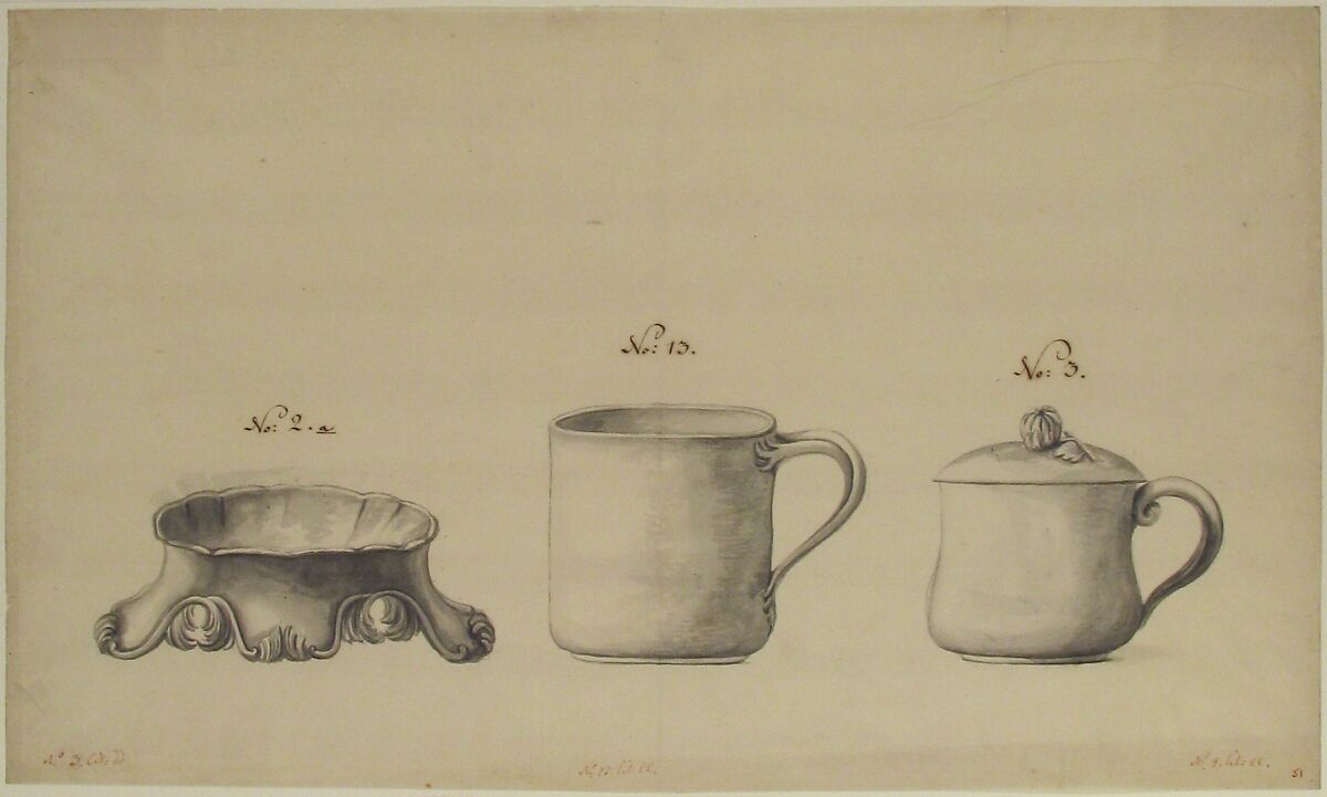 Design for a Salt Celler and Two Cups, Anonymous, French, 18th century, Pen and gray and rose ink, brush and gray wash