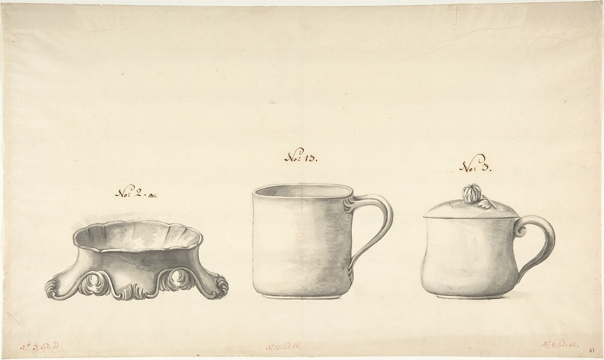 Design for a Salt Celler and Two Cups, Anonymous, French, 18th century, Pen and gray and rose ink, brush and gray wash 