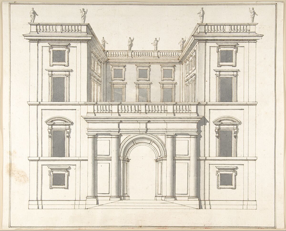 Facade of Palazzo Muti at Piazza SS. Apostoli in Rome, Pietro Paolo Coccetti (Cocchetti) (Italian, documented Rome, 1710–1727), Pen and brown ink, brush and gray wash, over traces of ruling in graphite 