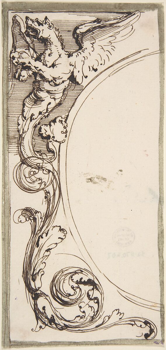 Left Half of a Cartouche with Griffin and Acanthus Scroll, Attributed to Carlo Bianconi (Italian, Bologna 1732–1802 Milan), Pen and brown ink, brush and dark green wash 