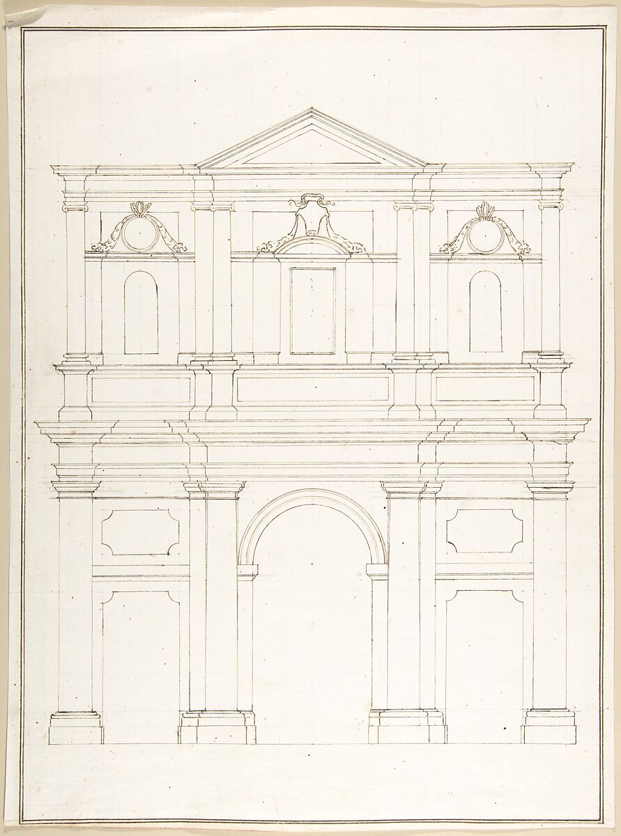 Design for a Facade, Pietro Paolo Coccetti (Cocchetti) (Italian, documented Rome, 1710–1727), Pen and brown ink, over ruling in graphite 
