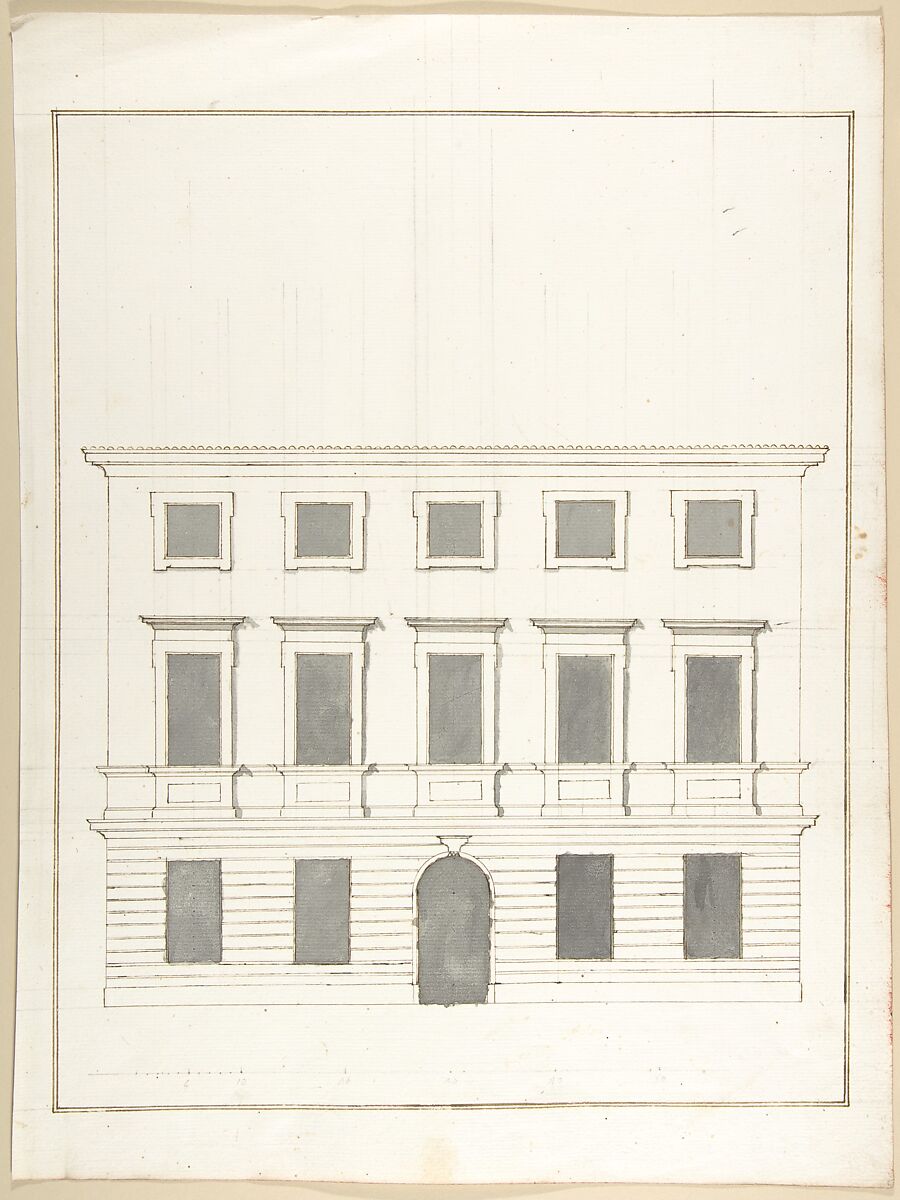 Design for a Façade, Pietro Paolo Coccetti (Cocchetti) (Italian, documented Rome, 1710–1727), Pen and brown ink, brush and gray wash, over ruling in graphite 