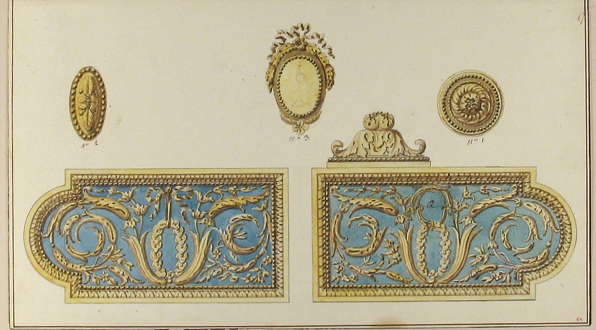 Designs for Door Hardware, Anonymous, French, 18th century, Pen and brown ink, brush and brown, yellow, and blue wash. Framing lines in pen and ink.