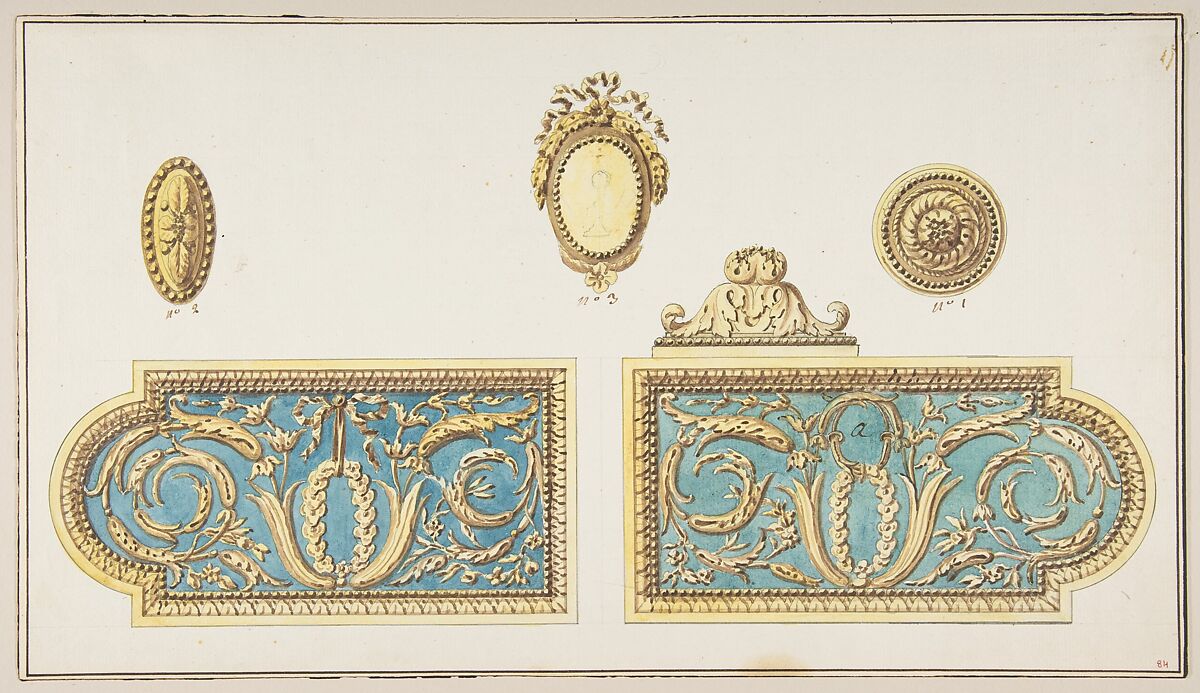 Designs for Door Hardware, Anonymous, French, 18th century, Pen and brown ink, brush and brown, yellow, and blue wash. Framing lines in pen and ink. 