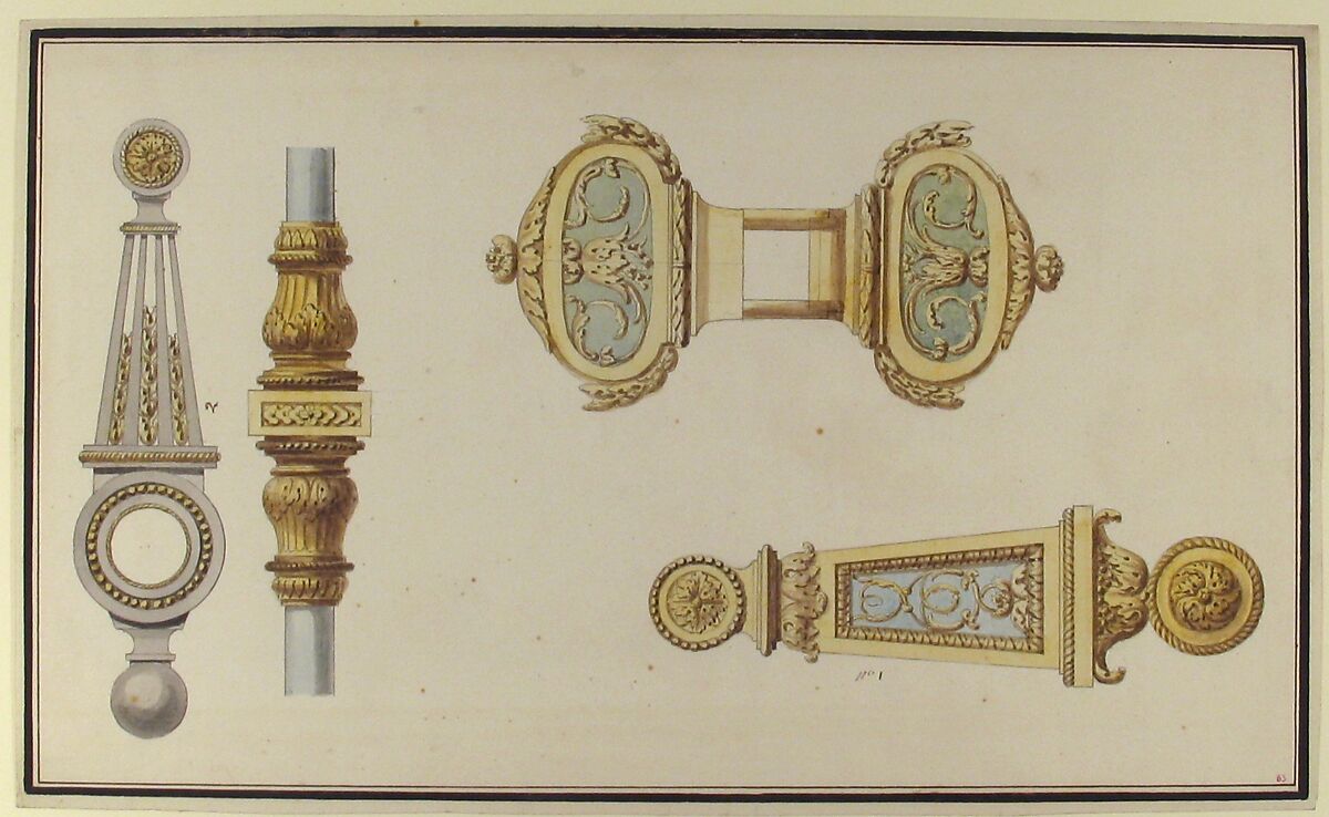 Designs for Door Hardware, Anonymous, French, 18th century, Graphite, pen and gray ink, brush and brown, blue, yellow, gray, and green wash, over graphite; framing lines in pen and black ink