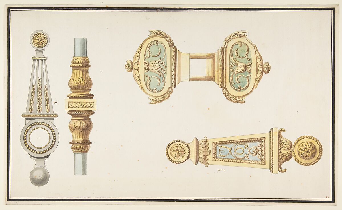 Designs for Door Hardware, Anonymous, French, 18th century, Graphite, pen and gray ink, brush and brown, blue, yellow, gray, and green wash.  Framing lines in pen and black ink. 