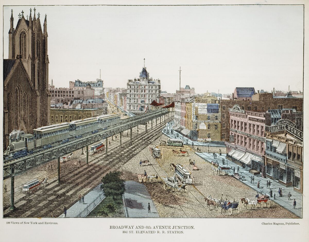 Broadway and 6th Avenue Junction. 33rd St. Elevated R.R. Station, Charles Magnus &amp; Company (New York, NY), Wood engraving, hand colored 