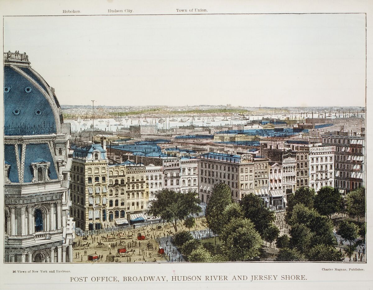 Post Office, Broadway, Hudson River and Jersey Shore, Charles Magnus &amp; Company (New York, NY), Wood engraving, hand colored 