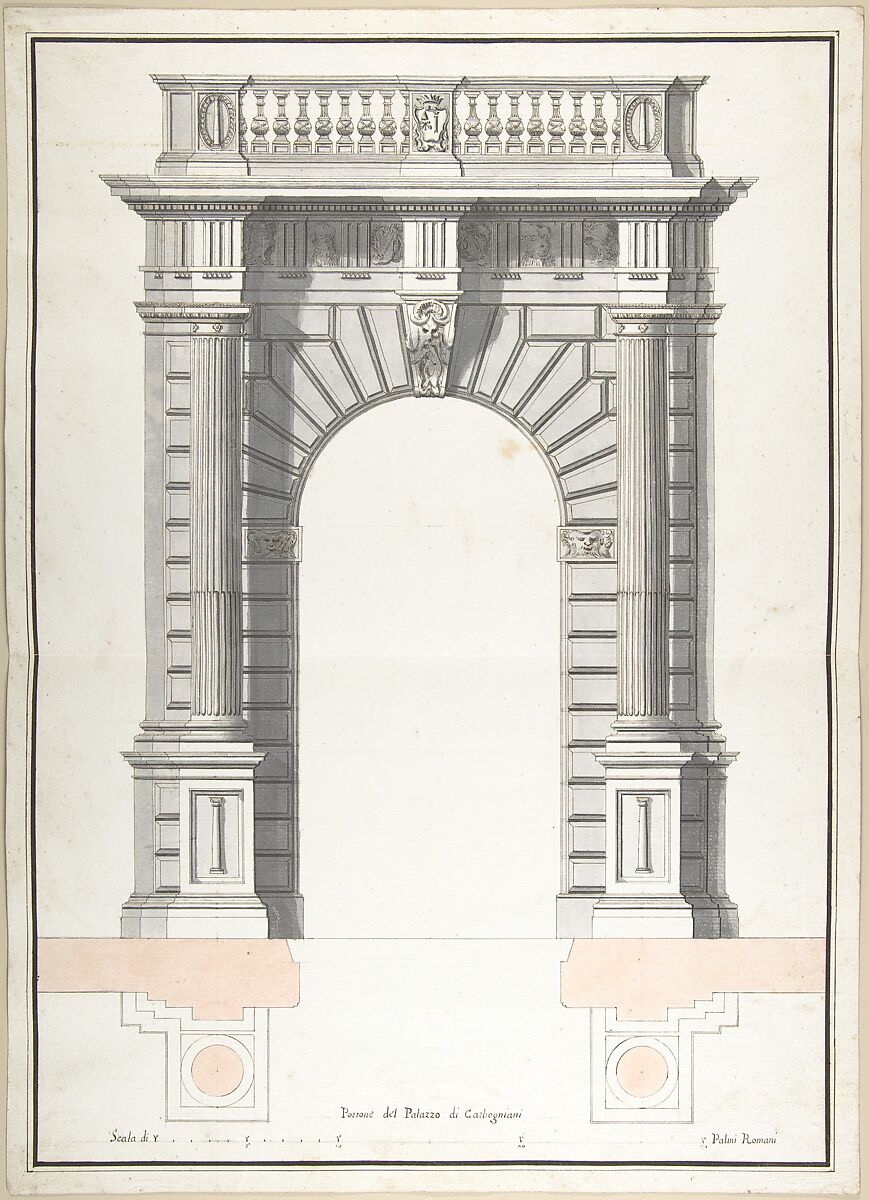 Portone del Palazzo di Carbogniani, Pietro Paolo Coccetti (Cocchetti) (Italian, documented Rome, 1710–1727), Pen and dark-brown ink, brush and gray and ochre wash, over traces of ruling in graphite 