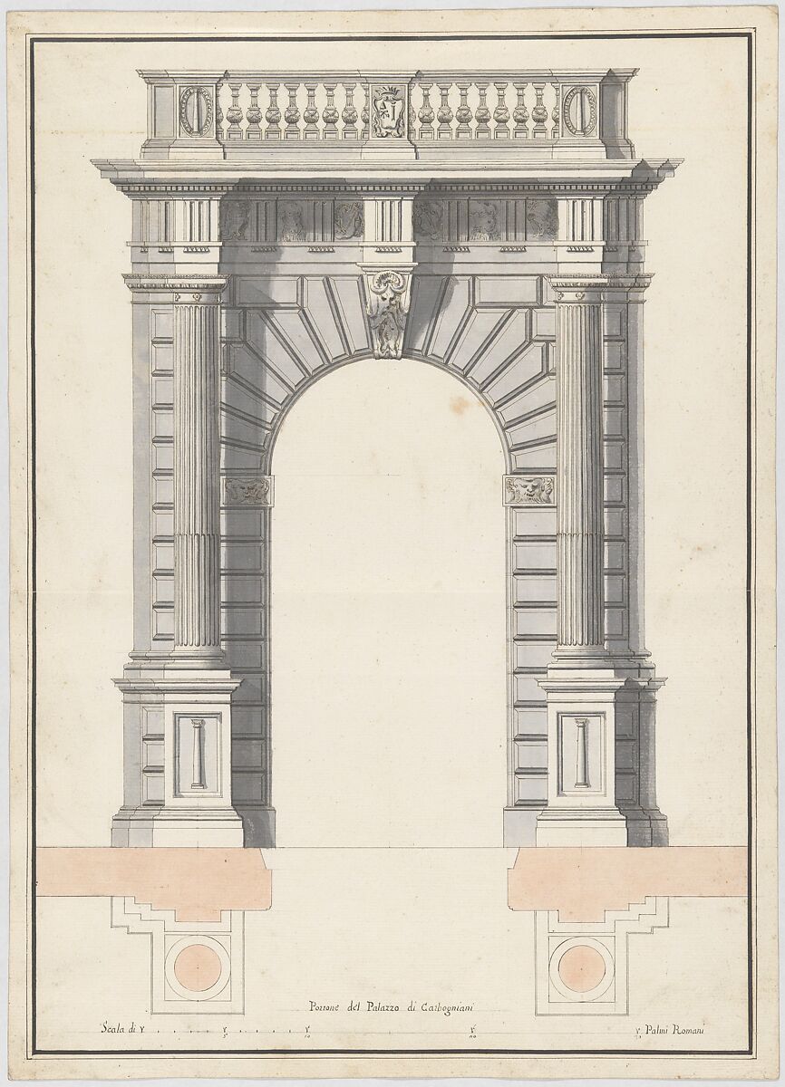 Portone del Palazzo di Carbogniani, Pietro Paolo Coccetti (Cocchetti) (Italian, documented Rome, 1710–1727), Pen and dark-brown ink, brush and gray and ochre wash, over traces of ruling in graphite