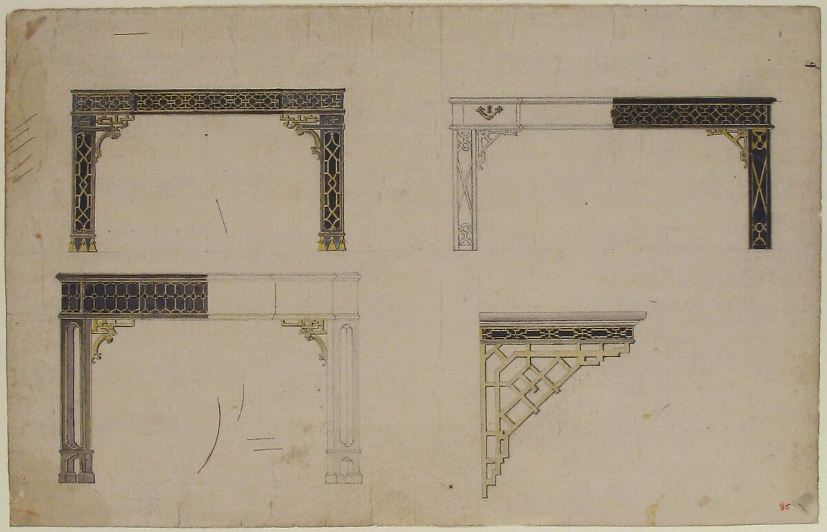 Designs for Tables, Anonymous, French, 18th century, Pen and gray and black ink, brush and yellow and gray wash, over black chalk