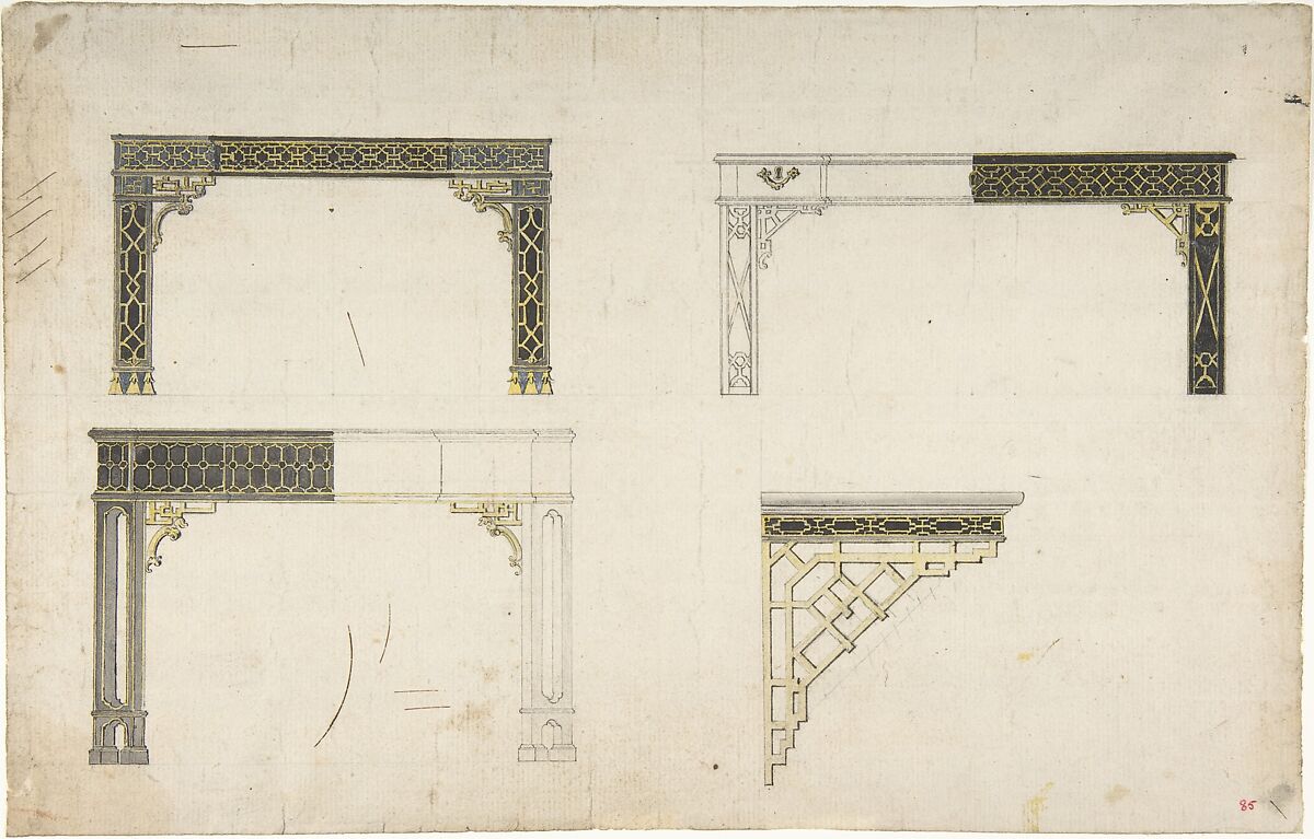 Designs for Tables, Anonymous, French, 18th century, Pen and gray and black ink, brush and yellow and gray wash, over black chalk 