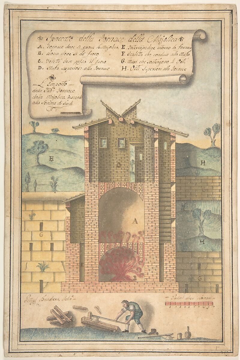 Section of a Kiln for the Production of Majolika, Pietro Bandiera (Italian, documented 1796), Pen and brown ink with colored washes, over traces of leadpoint 