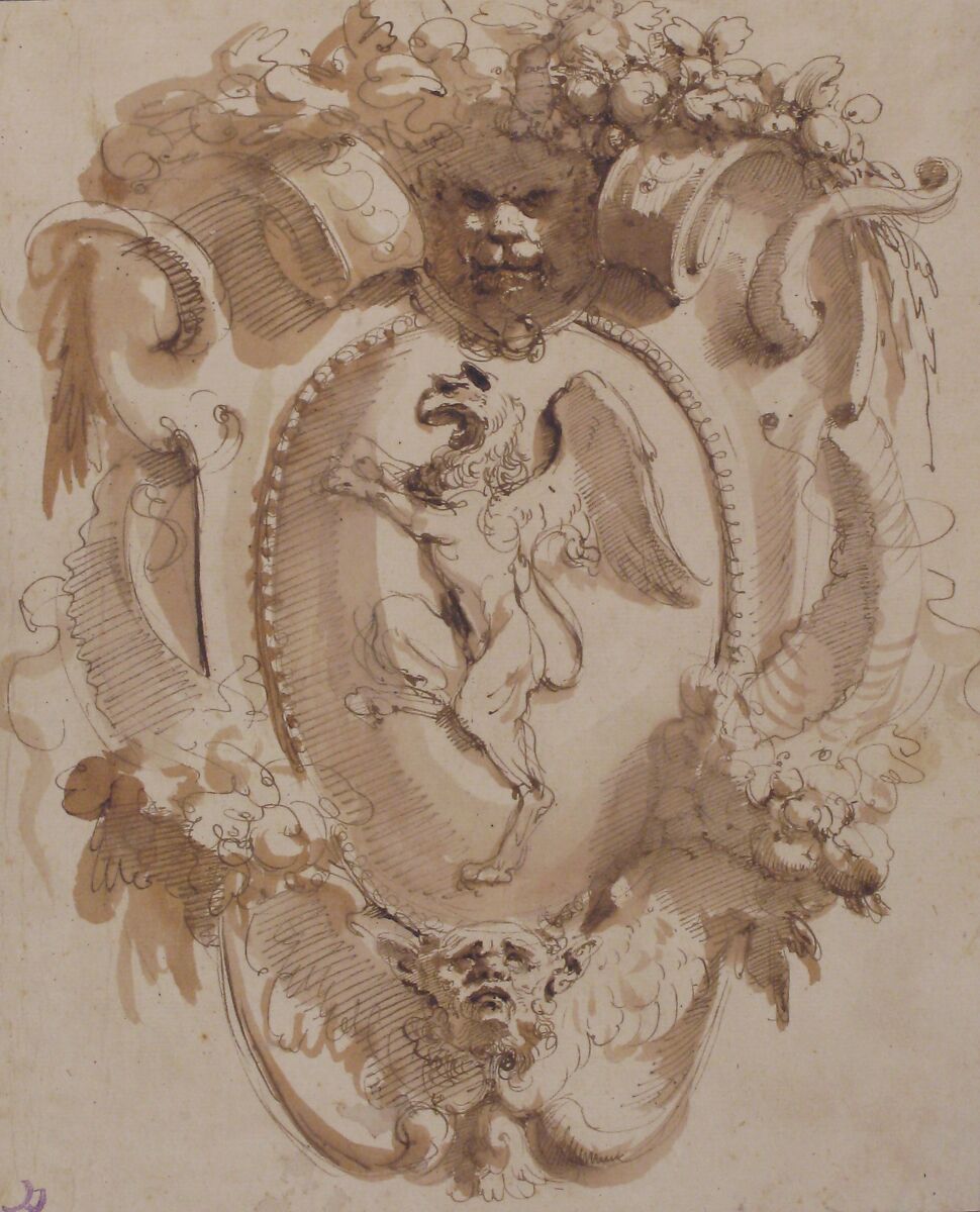 Design for a Cartouche with a Coat of Arms containing a Griffin, Carlo Bianconi (Italian, Bologna 1732–1802 Milan), Pen and brown ink, brush and brown wash over leadpoint