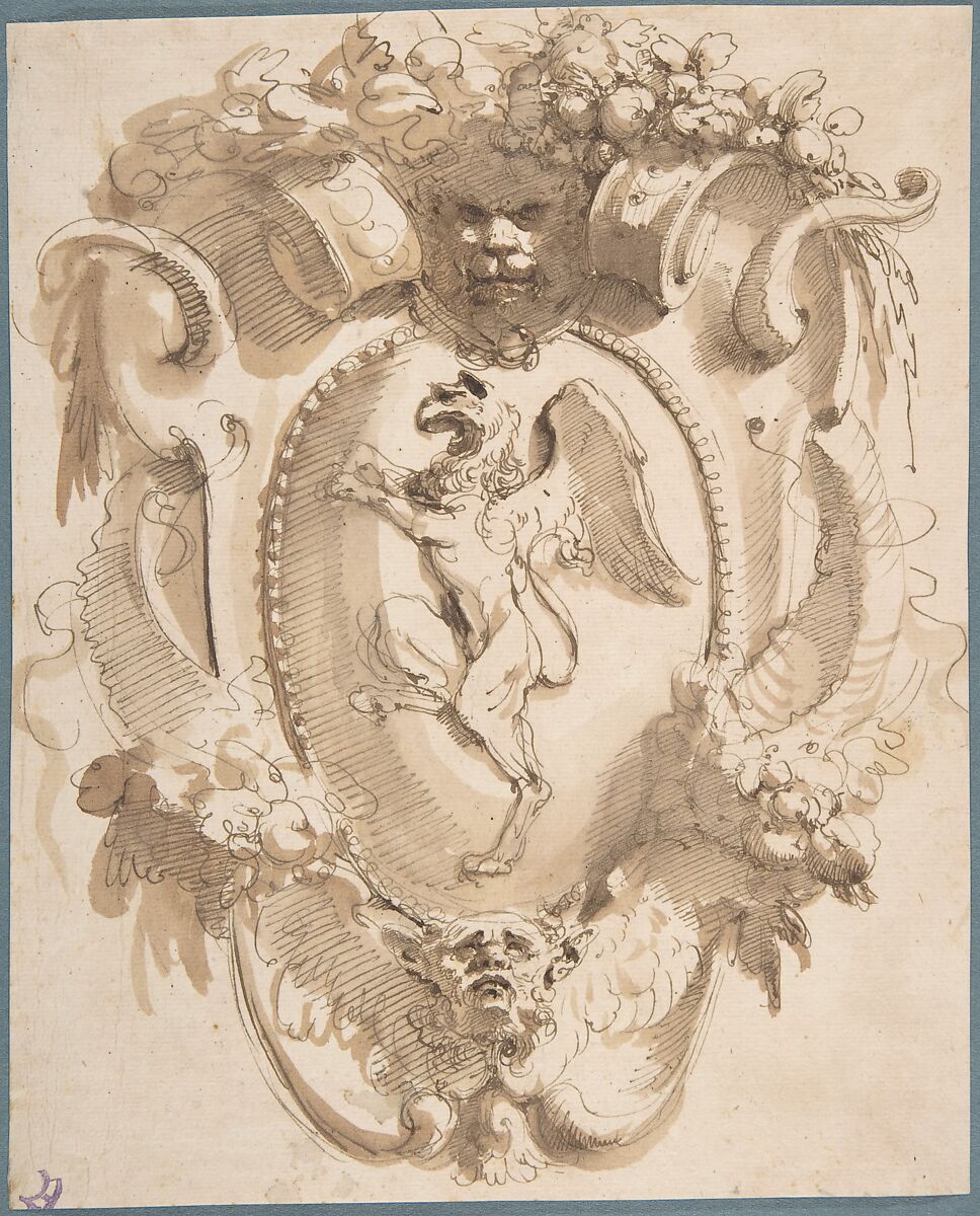 Design for a Cartouche with a Coat of Arms containing a Griffin, Carlo Bianconi (Italian, Bologna 1732–1802 Milan), Pen and brown ink, brush and brown wash over traces of leadpoint 