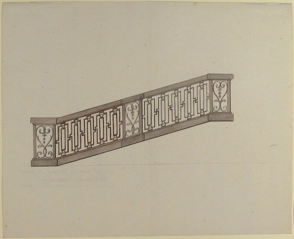 Design for Ornamented Stair Railing, Anonymous, French, 18th century, Pen and gray ink, brush and gray wash