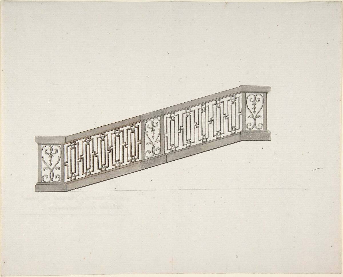 Design for Ornamented Stair Railing, Anonymous, French, 18th century, Pen and gray ink, brush and gray wash 