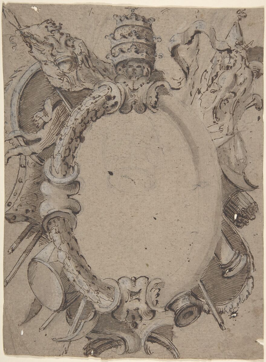 Design for Cartouche with Banners, Drums, Leaves and a Woman's Head with Tiara, Attributed to Carlo Bianconi (Italian, Bologna 1732–1802 Milan), Pen and brown ink, brush and brown wash highlighted with white gouache; traces of graphite at center 