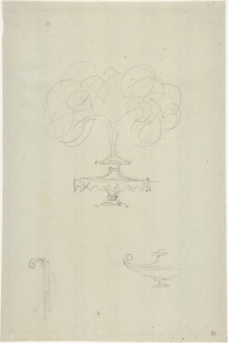 Design for Plumed Oil Lamp, Anonymous, French, 18th century, Graphite 