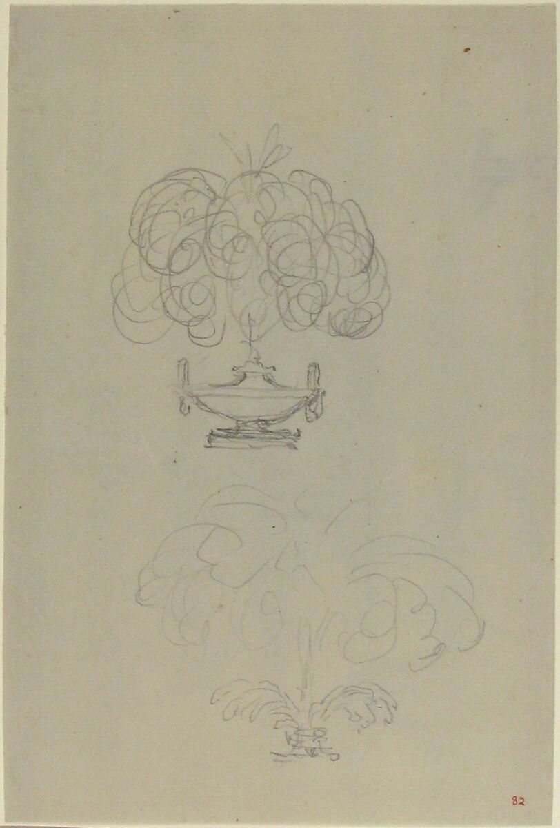 Design for a Plumed Oil Lamp (recto); Sketches for a vase and oil lamp (verso), Anonymous, French, 18th century, Graphite