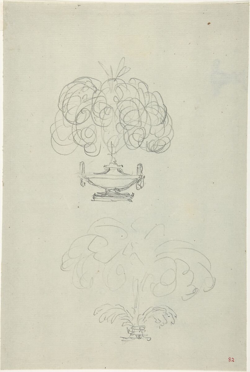 Design for a Plumed Oil Lamp (recto); Sketches for a vase and oil lamp (verso), Anonymous, French, 18th century, Graphite 