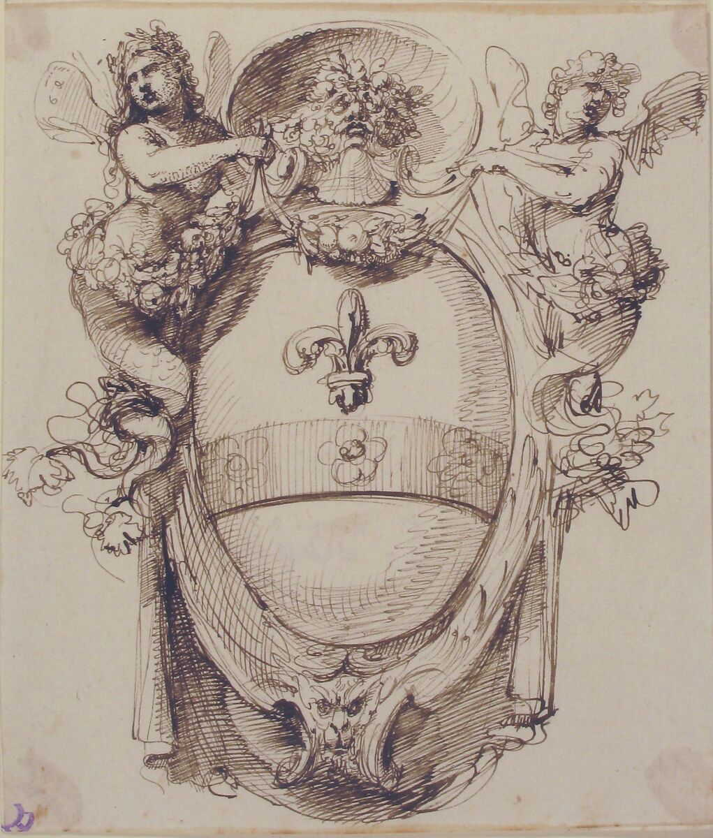 Design for a Cartouche flanked by winged Sirens with a Coat of Arms containing a Fleur-de-Lis, Attributed to Carlo Bianconi (Italian, Bologna 1732–1802 Milan), Pen and brown ink over leadpoint