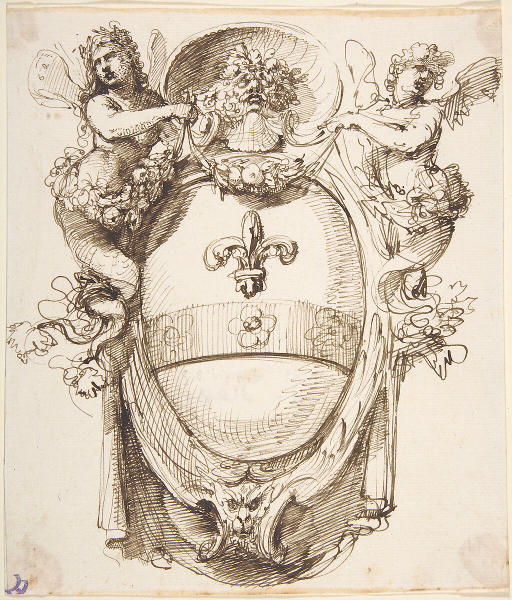 Design for a Cartouche flanked by winged Sirens with a Coat of Arms containing a Fleur-de-Lis, Attributed to Carlo Bianconi (Italian, Bologna 1732–1802 Milan), Pen and brown ink over traces of leadpoint 