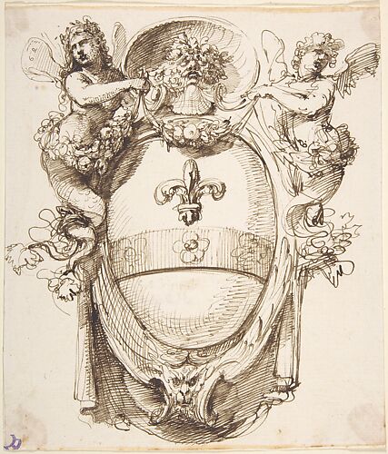 Design for a Cartouche flanked by winged Sirens with a Coat of Arms containing a Fleur-de-Lis