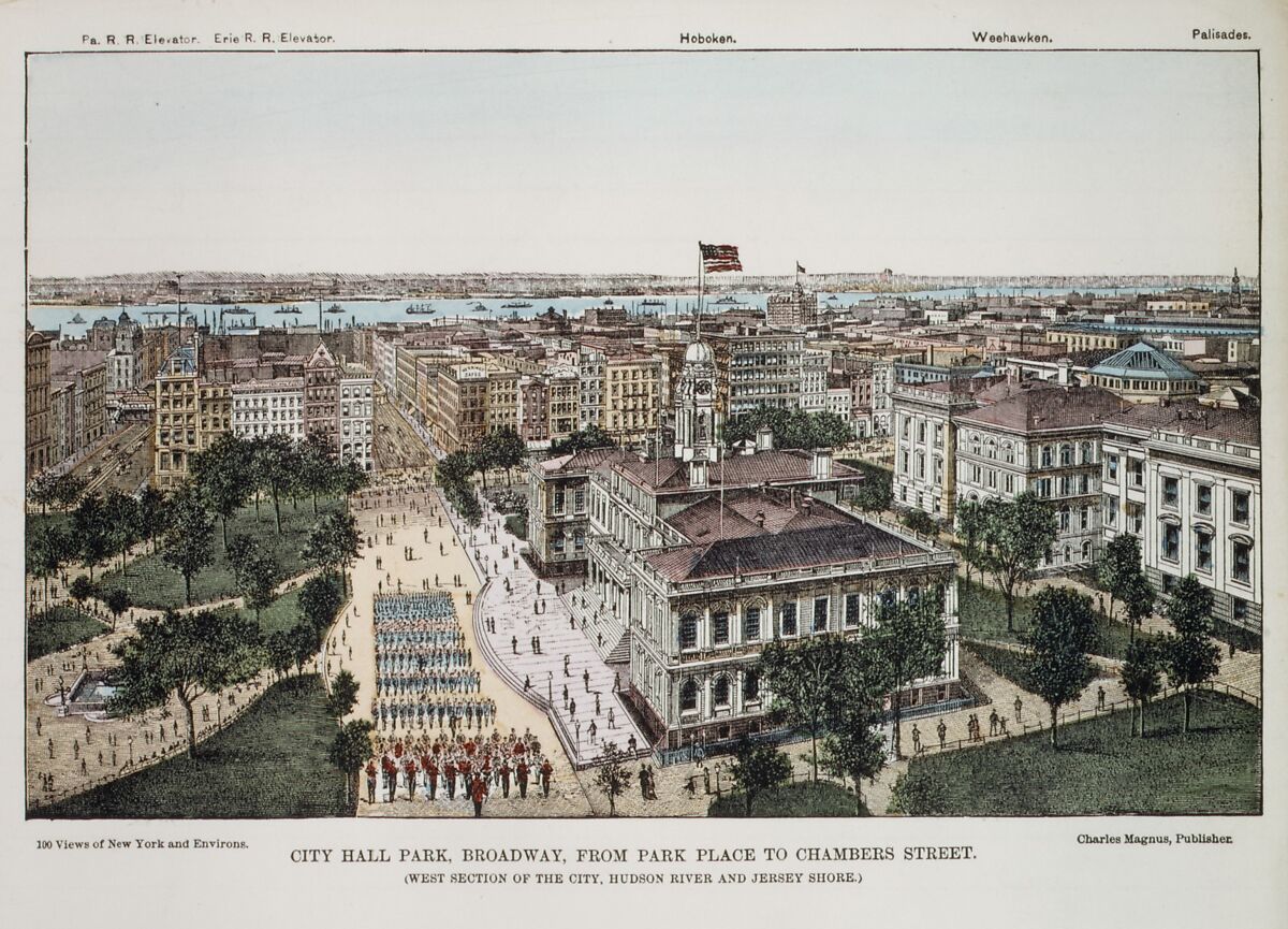 City Hall Park, Broadway, from Park Place to Chambers Street (West Section of the City, Hudson River and Jersey Shore), Charles Magnus &amp; Company (New York, NY), Wood engraving, hand colored 
