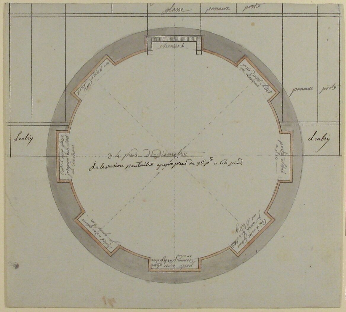 Plan for a Circular Room, Anonymous, French, 18th century, Pen and black and gray ink, brush and gray and rose wash 