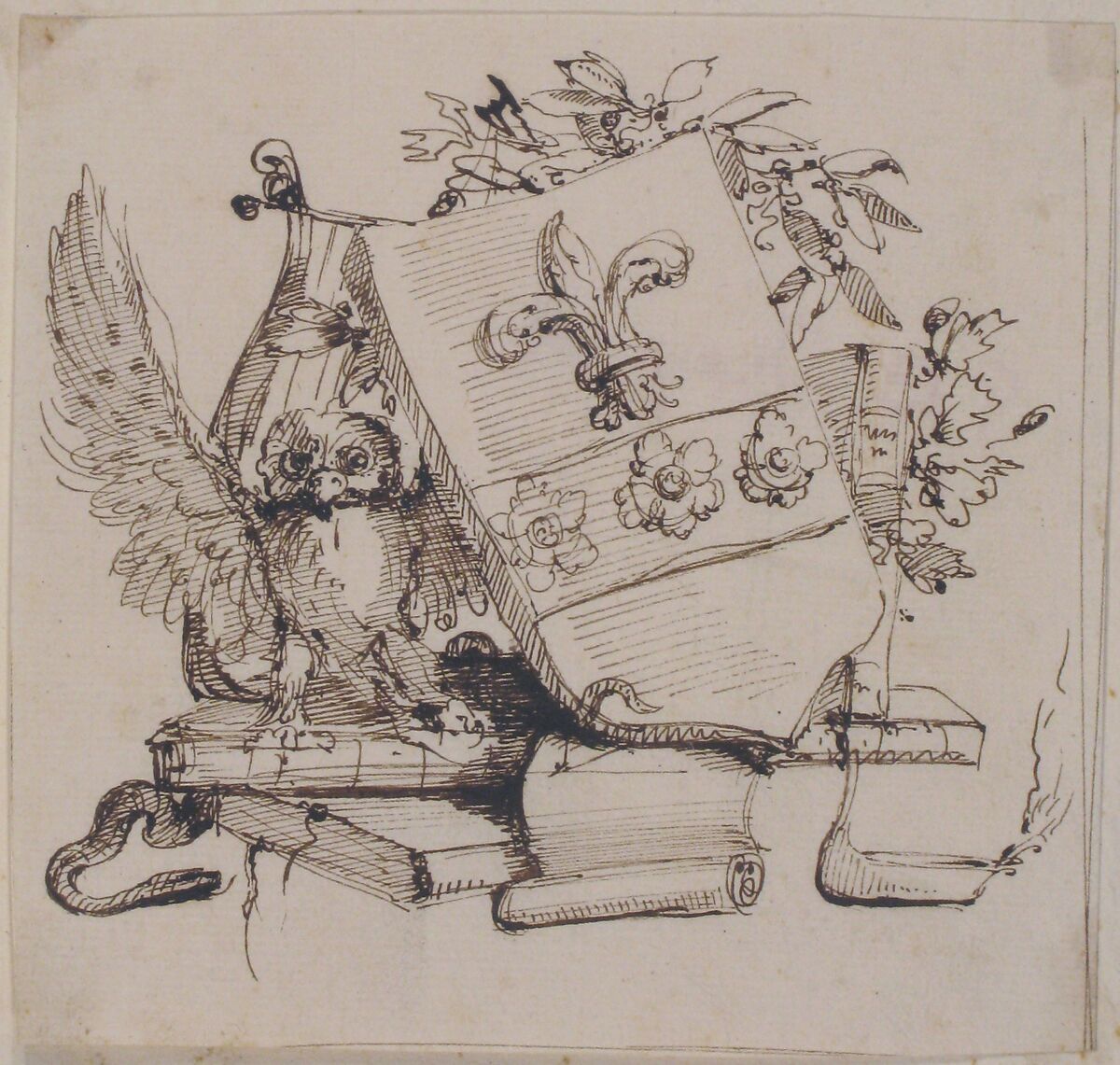 Drawing of a Decorated Coat of Arms surrounded by Books, Owl, Leaves, Vase and a Snake, Attributed to Carlo Bianconi (Italian, Bologna 1732–1802 Milan), Pen and dark brown ink