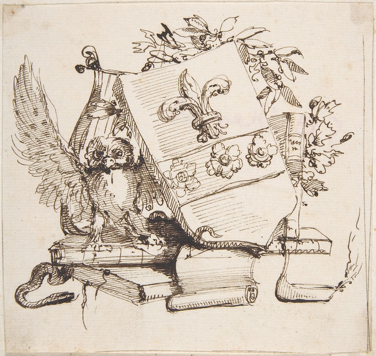 Drawing of a Decorated Coat of Arms surrounded by Books, Owl, Leaves, Vase and a Snake, Attributed to Carlo Bianconi (Italian, Bologna 1732–1802 Milan), Pen and dark brown ink 