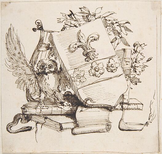 Drawing of a Decorated Coat of Arms surrounded by Books, Owl, Leaves, Vase and a Snake