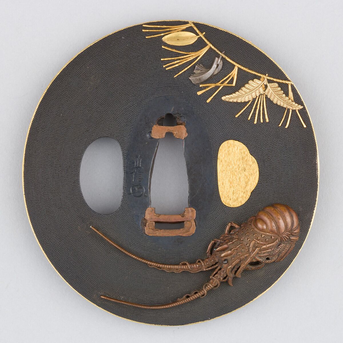 Sword Guard (Tsuba), Copper-gold alloy (shakudō), gold, silver, copper, Japanese 