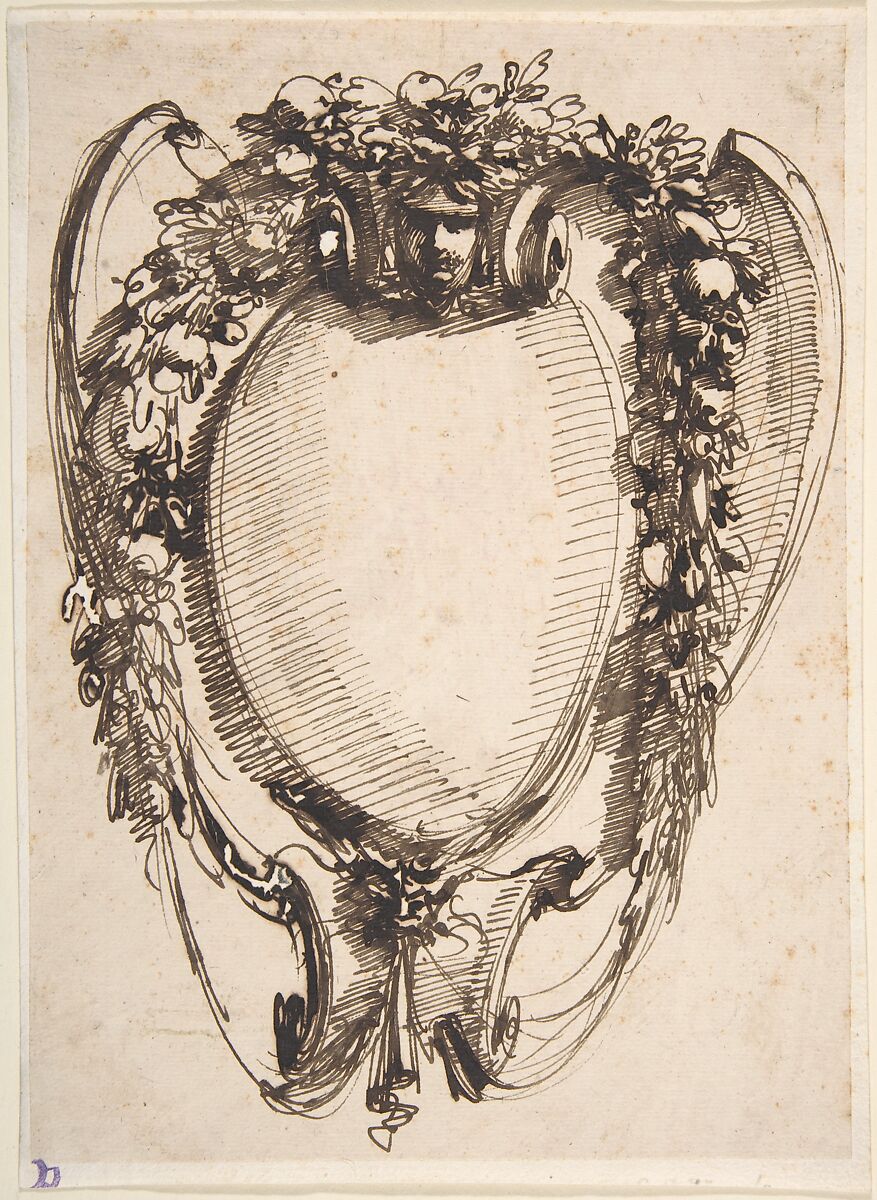 Design for a Cartouche with Hanging Garlands, Attributed to Carlo Bianconi (Italian, Bologna 1732–1802 Milan), Pen and brown ink 