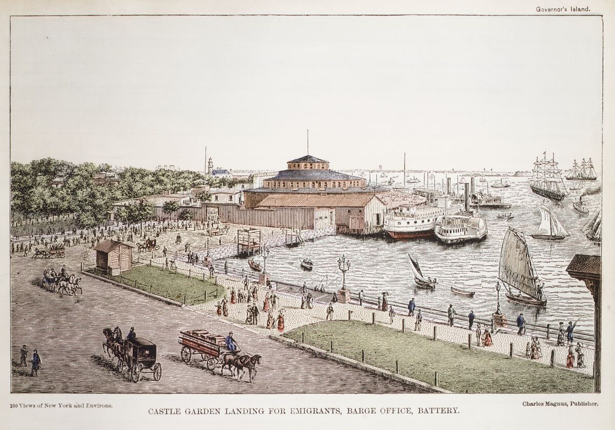 Castle Garden Landing for Emigrants, Barge Office, Battery, Charles Magnus &amp; Company (New York, NY), Wood engraving, hand colored 