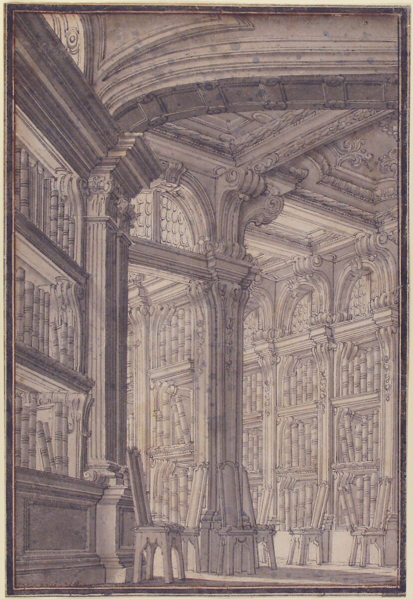 Foreshortening of a Library, Carlo Galli Bibiena (Italian, Vienna 1728–after 1778), Pen and brown ink, brush and gray wash, over traces of leadpoint