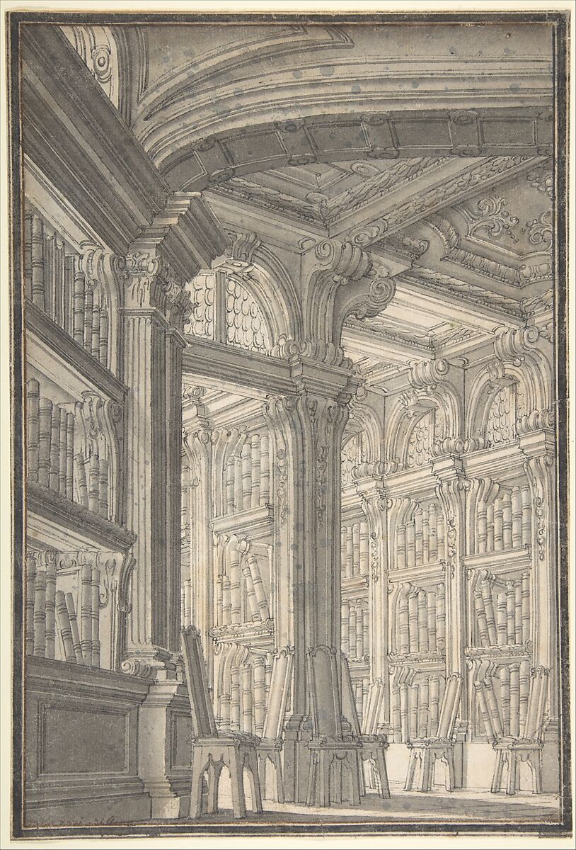 Foreshortening of a Library, Carlo Galli Bibiena (Italian, Vienna, 1728–after 1778), Pen and brown ink, brush and gray wash over traces of leadpoint 