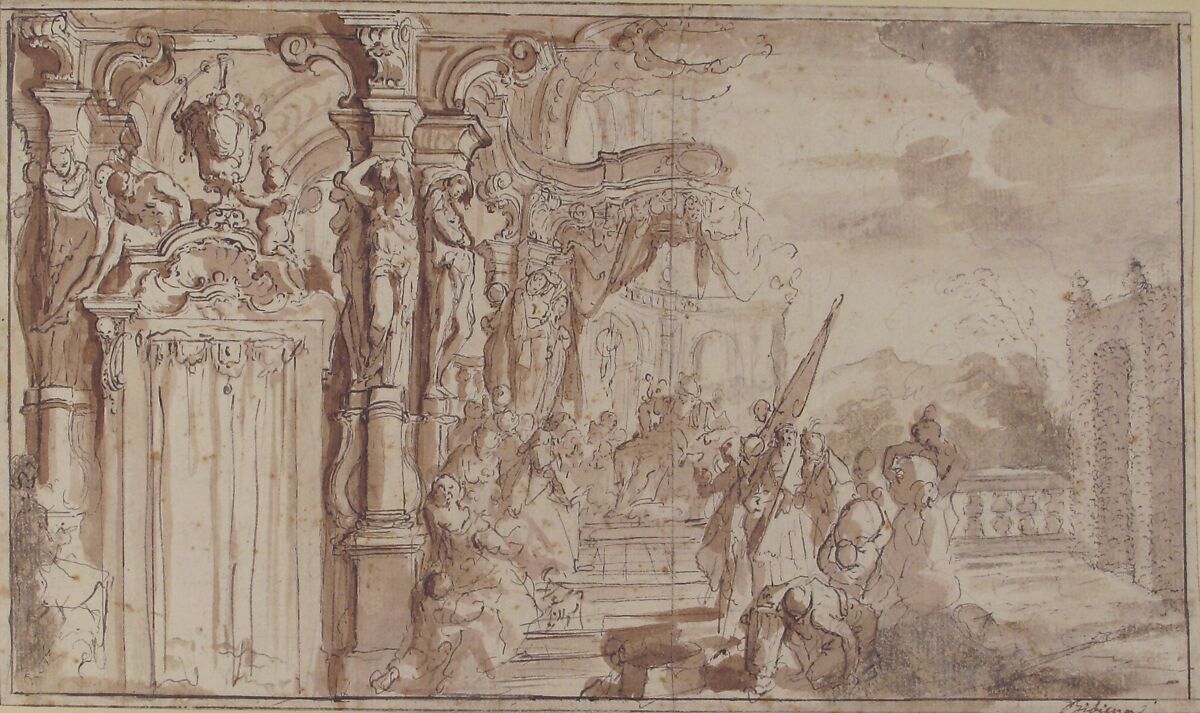 Design for a Stage Set: Solomon Receiving the Queen of Sheba under a Baldacchino, with Fantastical Architecture and a Gardenscape, Carlo Galli Bibiena (Italian, Vienna 1728–after 1778), Pen and brown ink, brush and brown wash over graphite