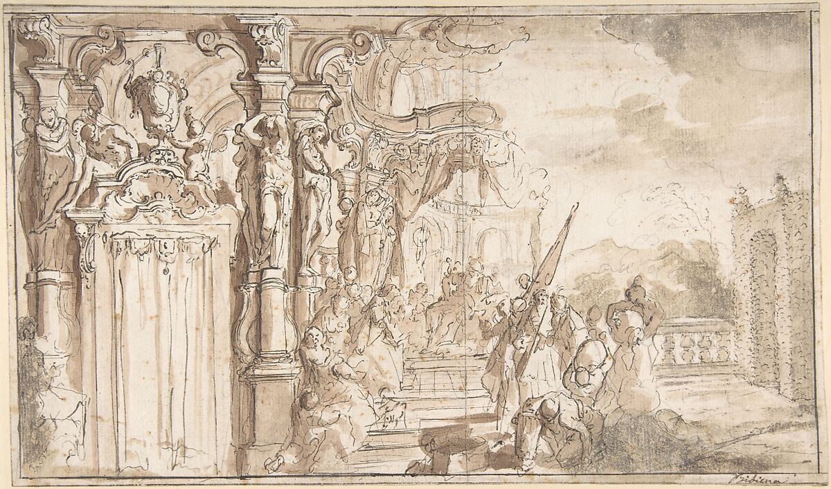Design for a Stage Set: Solomon Receiving the Queen of Sheba under a Baldacchino, with Fantastical Architecture and a Gardenscape, Carlo Galli Bibiena (Italian, Vienna, 1728–after 1778), Pen and brown ink, brush and brown wash over graphite 