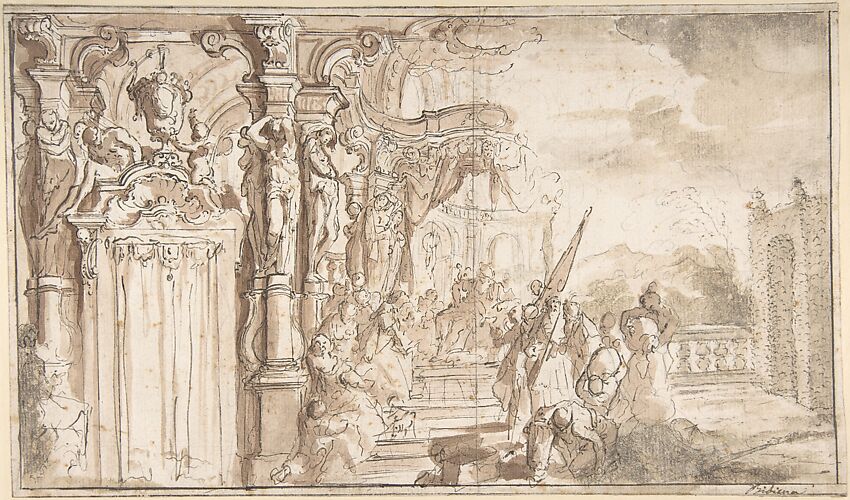 Design for a Stage Set: Solomon Receiving the Queen of Sheba under a Baldacchino, with Fantastical Architecture and a Gardenscape