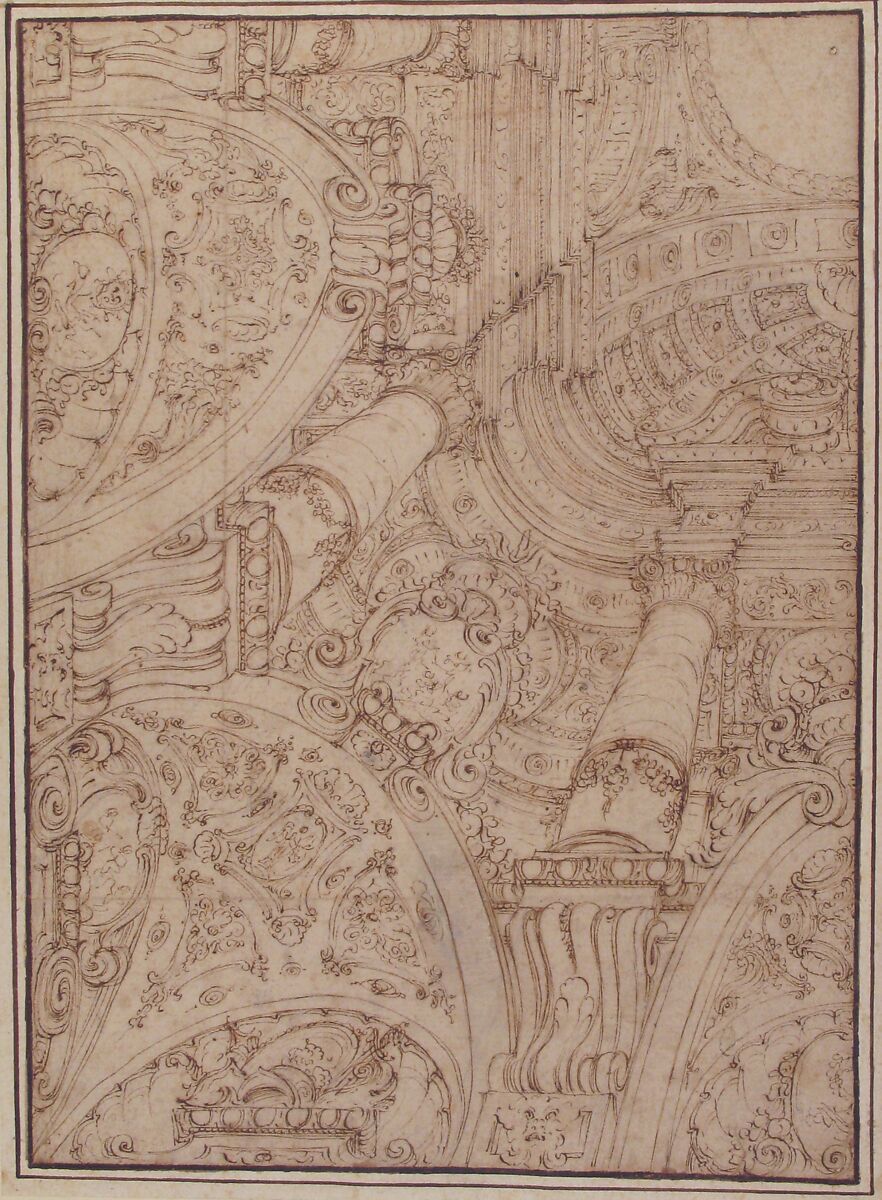 Design for One-Quarter of a Ceiling; Elaborate Architectural Ornament in Perspective, Ferdinando Galli Bibiena (Italian, Bologna 1657–1743 Bologna), Pen and brown ink over traces of leadpoint