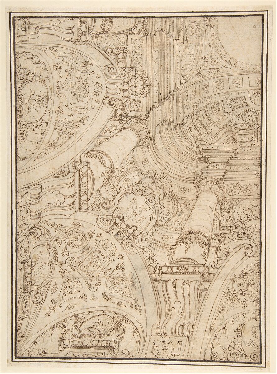 Design for One-Quarter of a Ceiling; Elaborate Architectural Ornament in Perspective, Ferdinando Galli Bibiena (Italian, Bologna 1657–1743 Bologna), Pen and brown ink over traces of leadpoint 